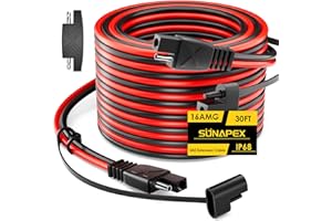 SUNAPEX SAE to SAE Extension Cable: 16 AMG 30 FT Pure Copper Cord - Waterproof Quick Disconnect Wire Connectors with Polarity Reverse Adapter Dust Caps for Automotive, Solar Panel, RV, Battery Charger
