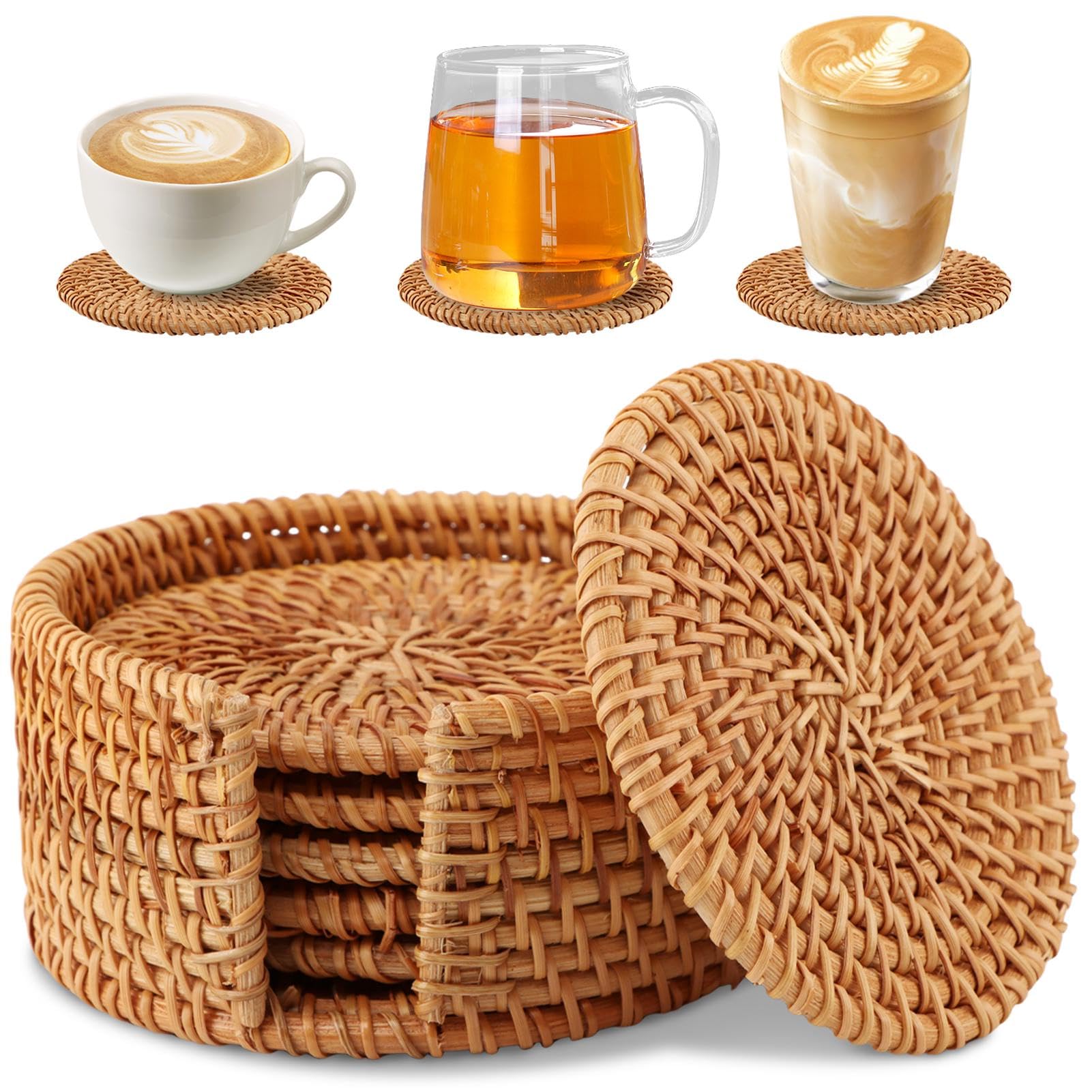 Photo 1 of 6 Pack Handmade Rattan Coasters with Holder, Wicker Boho Woven Set, Heat-Resistant Drink Coasters for Coffee Table, Drink Cups, Hot Drinking Home Decor