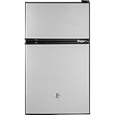 GE Mini Fridge With Freezer | 3.1 Cubic Ft. | Double-Door Design With Glass Shelves, Crisper Drawer &amp; Spacious Freezer | Small Refrigerator Perfect for the Garage, Dorm Room, or Bedroom | Clean Steel