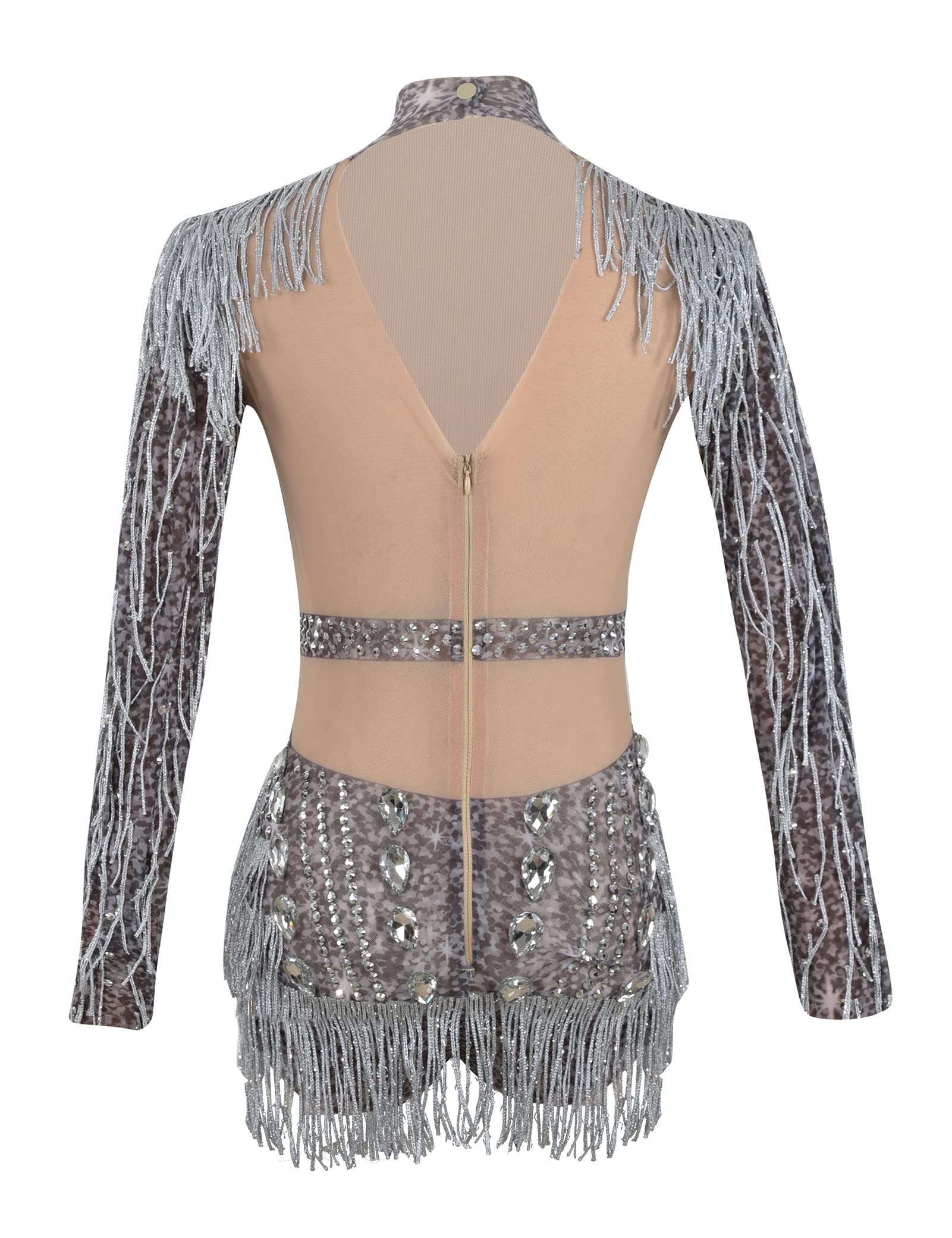 YUANTONG See Through Mesh Rhinestone Bodysuits for Women Sexy Fringe Leotard Drag Queen Outfit Birthday Dance Carnival Costumes