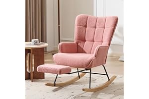 Furniliving Nursery Rocking Chair Modern Armchair Upholstered Glider Rocking Chair Accent Chair with Retractable Footrest Reading Chair with High Backrest Solid Wood Base for Bedroom, Pink, Teddy