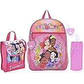 Disney Princess Girls Backpack for Little Kids | 6 Piece Set Girls Water Bottle Keychains Snack Tote and Knapsack for School