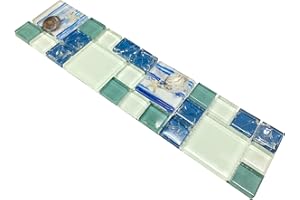 Hominter Glossy Glass Tile with Inner Crack Effect Resin Shell Beach Style Decor Sky Blue Versailles Pattern Elegant Mosaic Kitchen Backsplash Bathroom Shower Wall Tiles (3"x12" Sample)