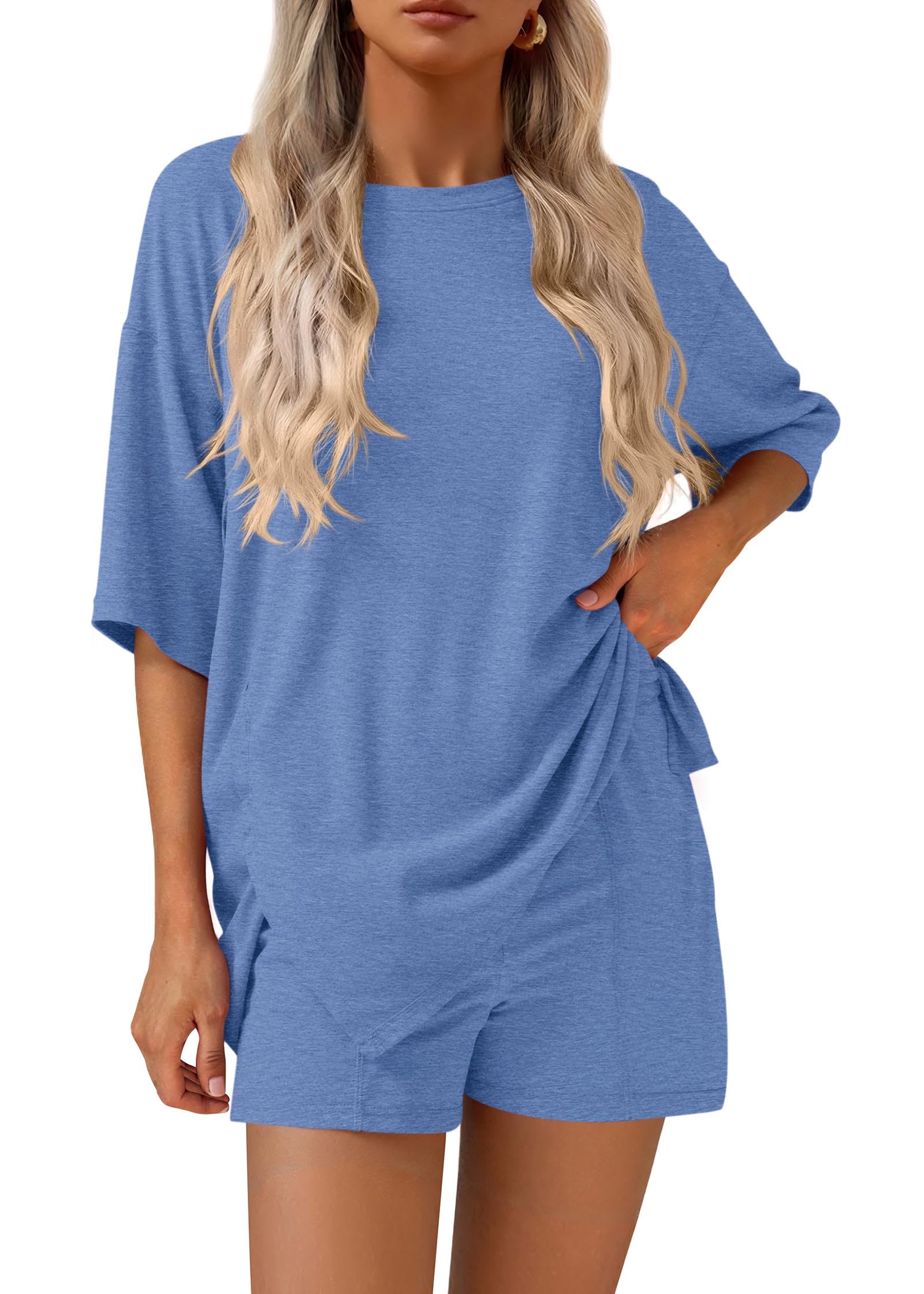 Photo 1 of *Minor Damage*
KIRUNDO 2 Piece Sets for Women Summer Lounge Sets Casual Oversized Tshirts Shorts Matching Airport Travel Outfit Postpartum(Dusty Blue, Small)