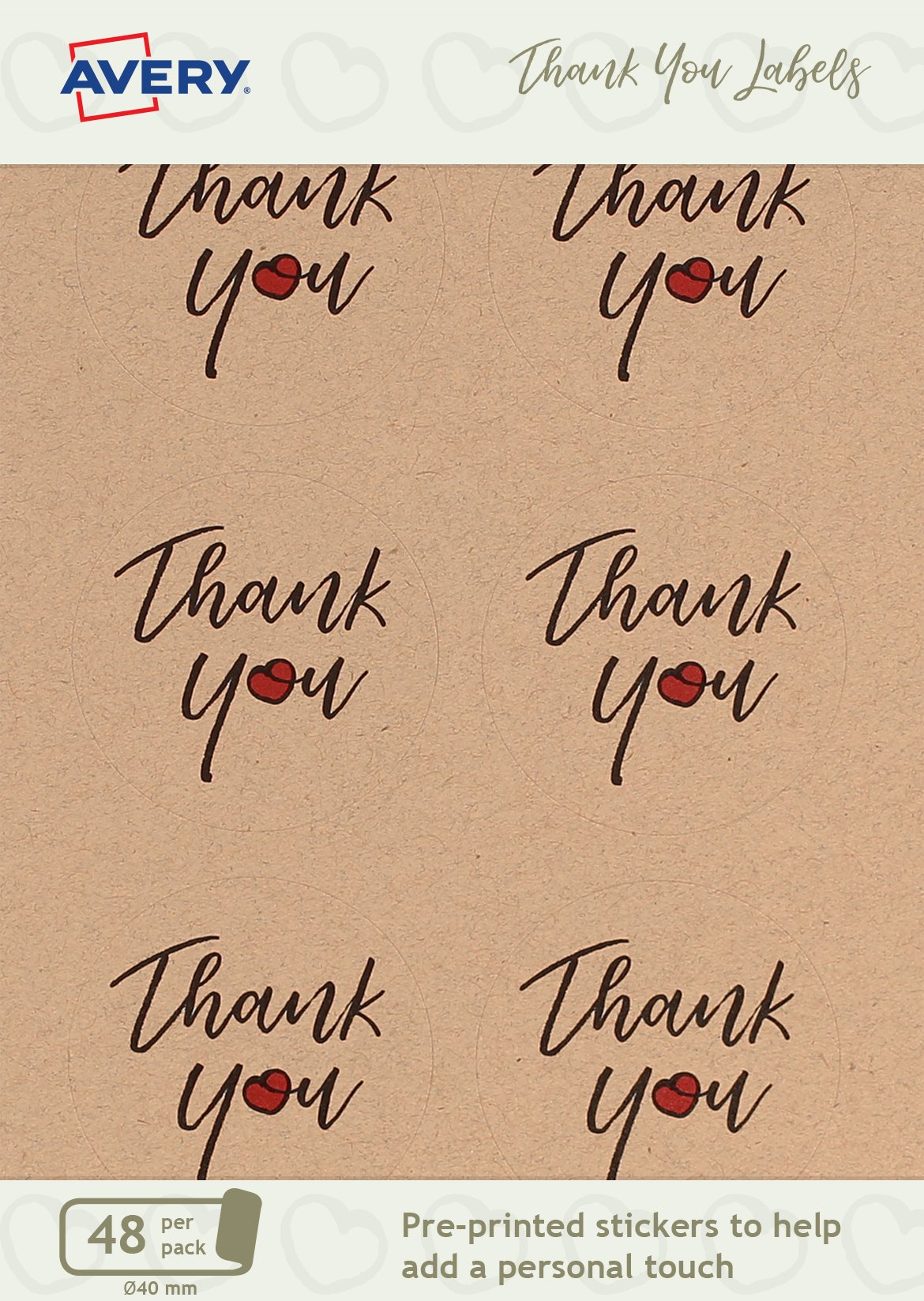 Avery ATY01 40 mm Pre-Printed Thank You Round Sticker Label - Brown Kraft (Pack of 48)