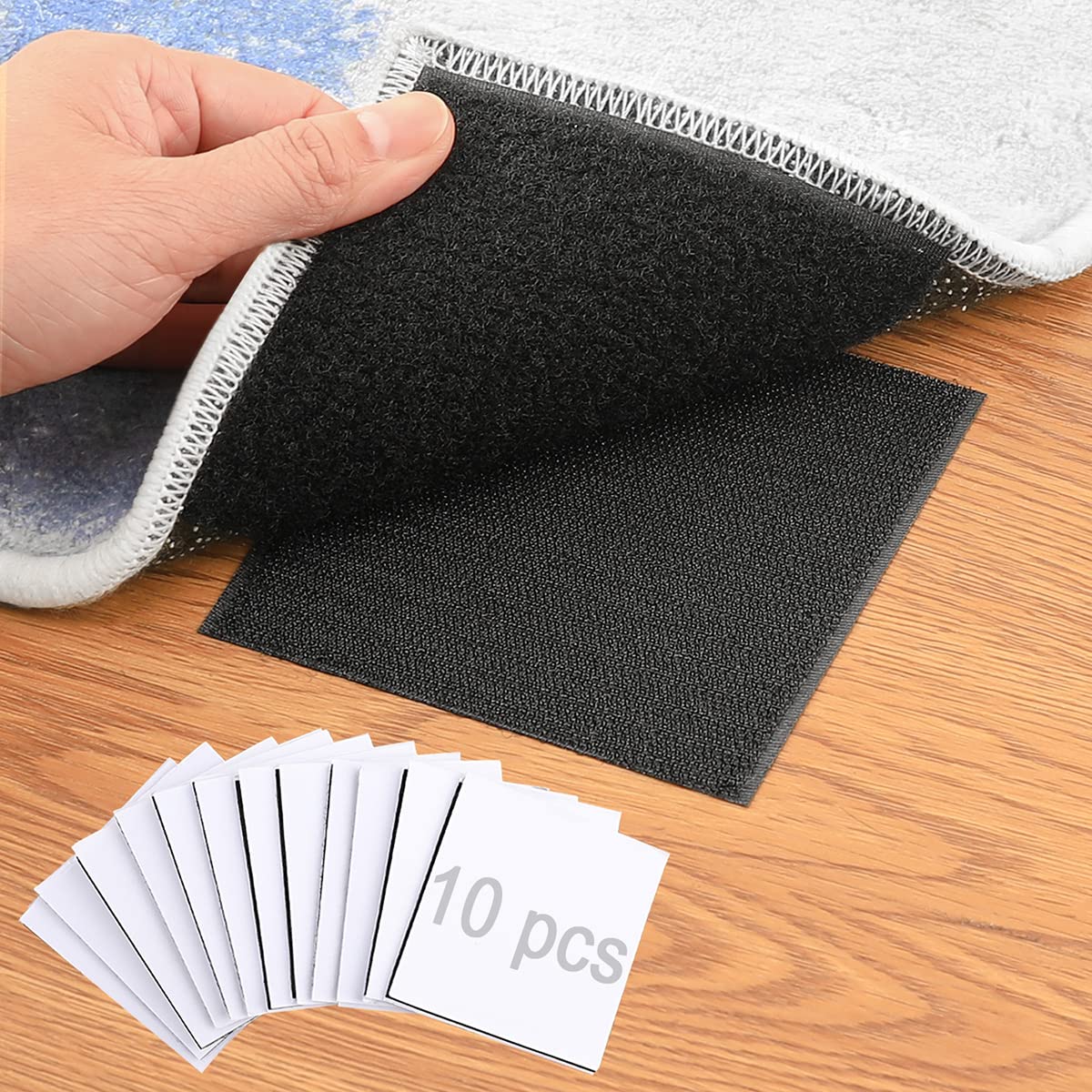 Rug Tape Pad, Rug Anchors Carpet Hook and Loop Non-Slip Mat Anti-Skid Stickers (10PCS, Black)