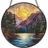 XFCICRLJ Mountain Sunset Suncatcher Stained Glass Window Hanging, Nature Mountain Landscape Sun Catchers Indoor Window Glass Wall Art Decor, Nature Wall Hanging Decor, 7.9x7.9 Inch 044-MH-BLGH