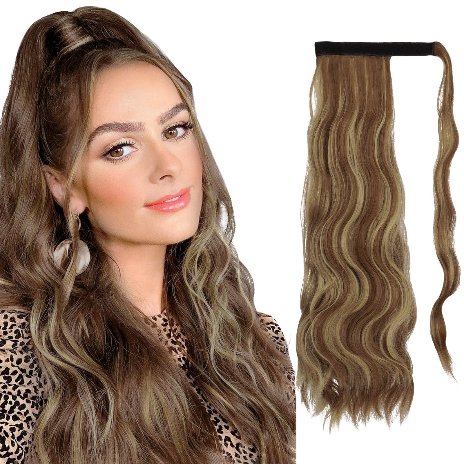 FESHFEN 60 cm Long Wavy & Curly Clip-In Ponytail Extension, Synthetic Hair, 130g