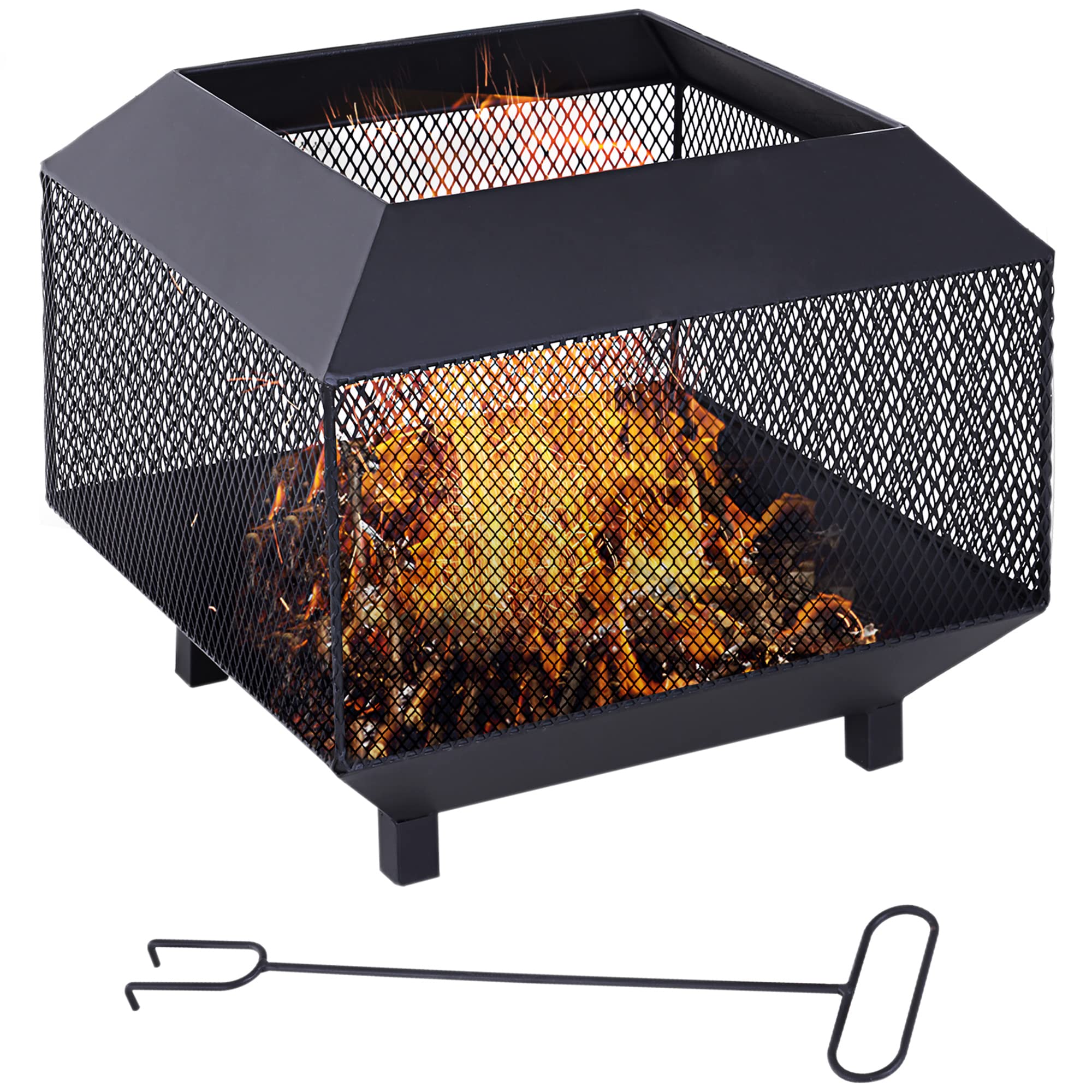 Outsunny Metal Square Fire Pit Outdoor Mesh Firepit Brazier w/Lid, Log Grate, Poker for Backyard, Camping, Bonfire, Wood Burning Stove, 44 x 44 x 40cm, Black