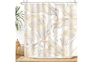 ZXMBF White Gold Tropical Palm Leaves Shower Curtain Abstract Banana Leaf Copper Chic Modern Botanical Plant Nature Aesthetic Bathroom Decor Waterproof Fabric 72Lx72W Inch with 12PCS Hooks