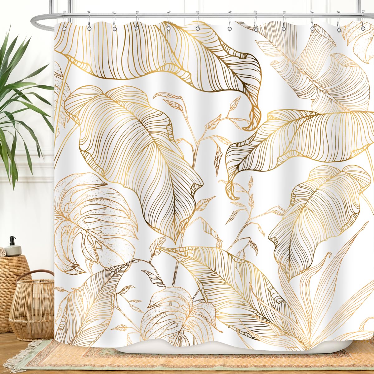 Photo 1 of ZXMBF White Gold Tropical Palm Leaves Shower Curtain Abstract Banana Leaf Copper Chic Modern Botanical Plant Nature Aesthetic Bathroom Decor Waterproof Fabric 72Lx72W Inch with 12PCS Hooks