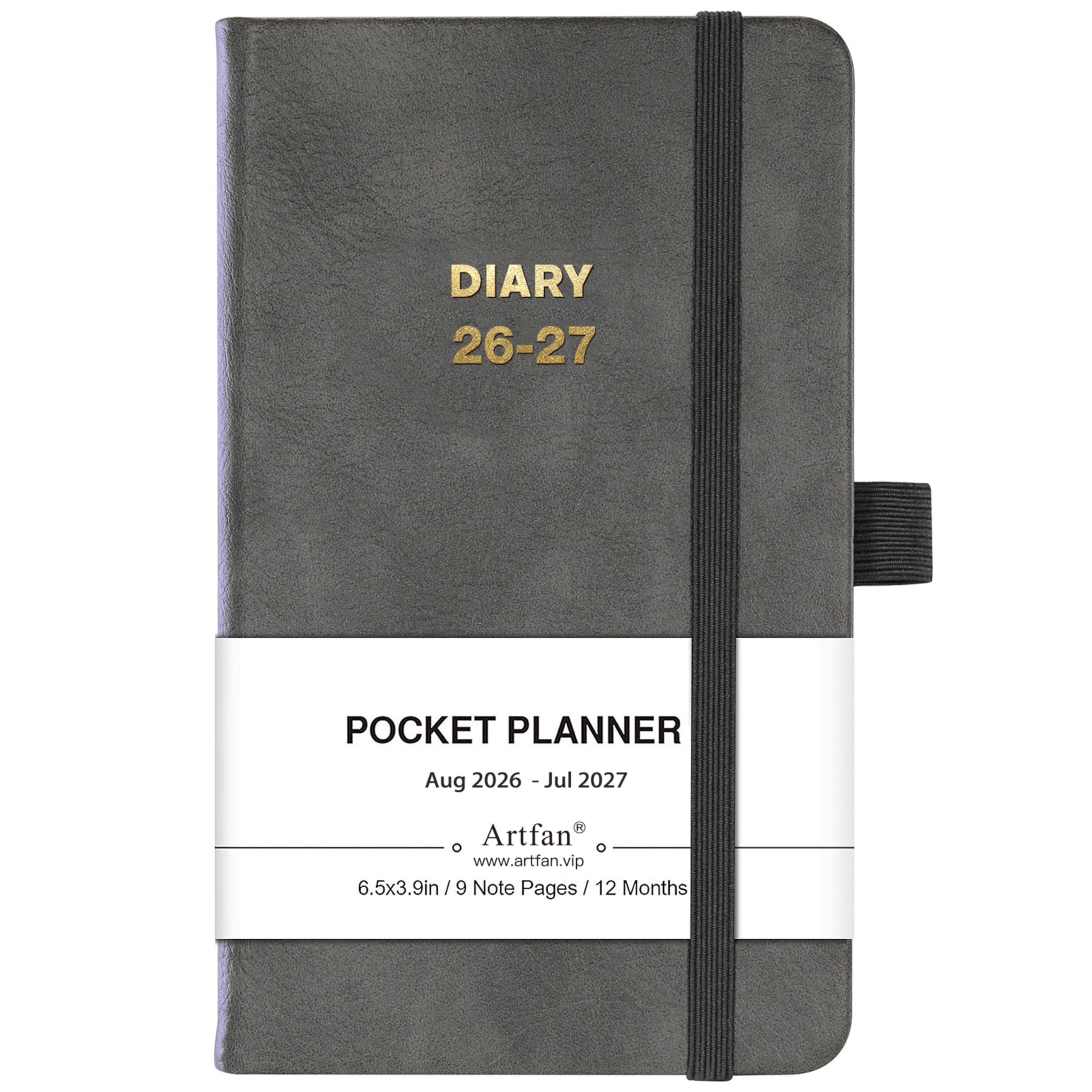 Artfan 2026-2027 Pocket Diary - A6 Diary 2026-2027 from August 2026 to July 2027, Academic Diary Week to View with Inner Pocket, Grey Leather Cover