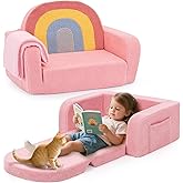 Foryoomi Kids Couch, 2-in-1 Soft Toddler Couch Fold Out with Blanket, Comfy Toddler Chair, Convertible Sofa, Gifts for Kids Girl Boys, Medium Colorful Pink Rainbow