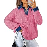 Soesdemo Womens Oversized Cable Knit Sweaters Chunky Long Sleeve Button Up Denim Polo Neck Knit Pullover Tunic Sweaters