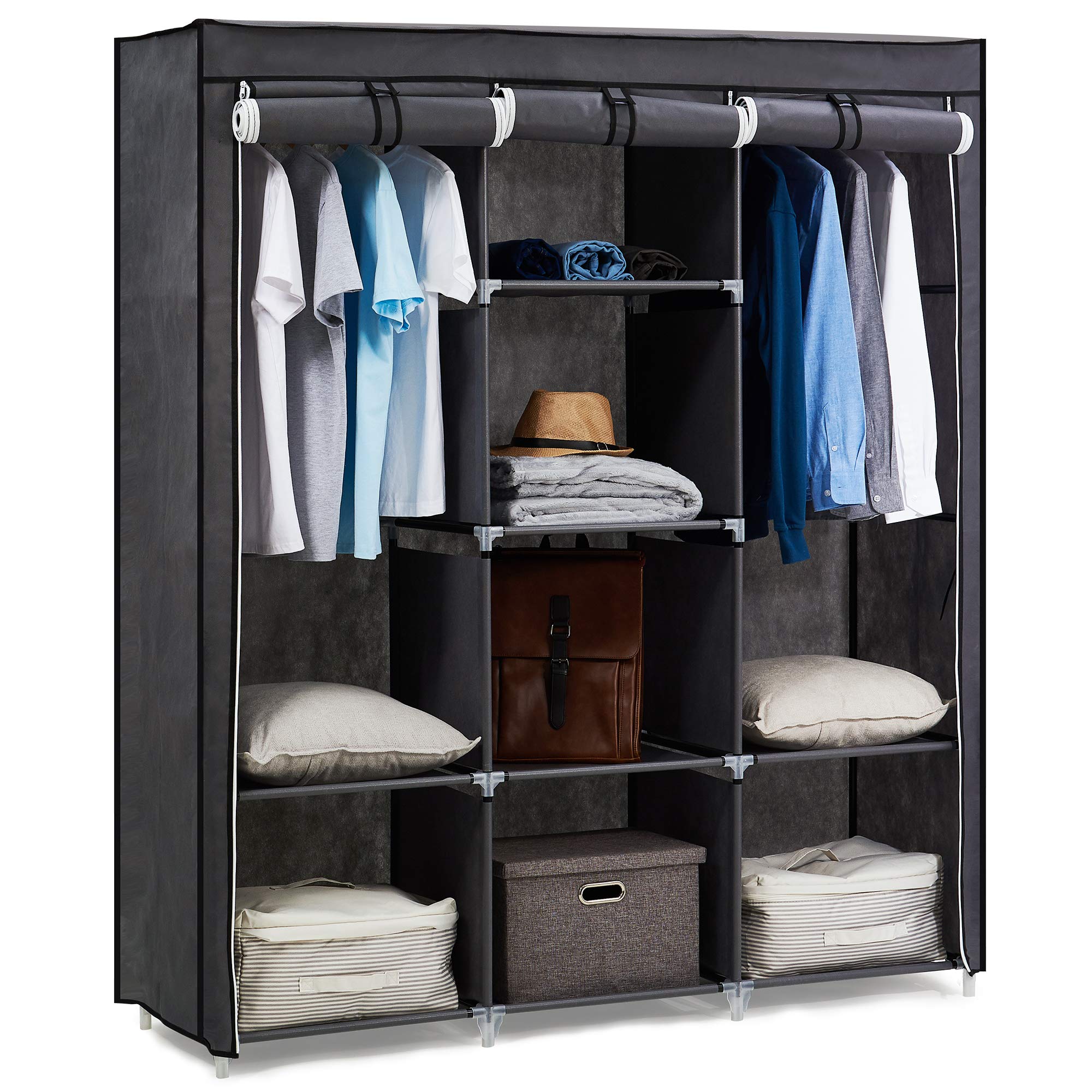 Hododou Portable Wardrobe Large Canvas Wardrobe Clothes Storage Organizer with 2 Hanging Rail Foldable Closet for Living Room, Bedroom 175 x 150 x 45CM Grey