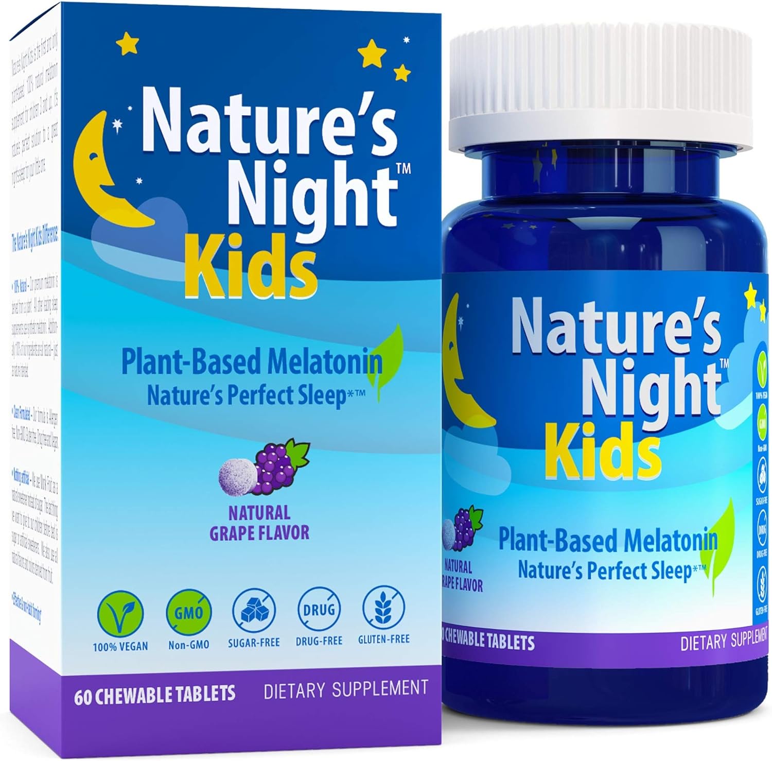 Nature S Night Kids Plant Based Melatonin Natural Grape Flavored 60 Chewable Tablets Gluten Free Non Gmo Drug Free Vegan 100 Natural Health Personal Care Amazon Com