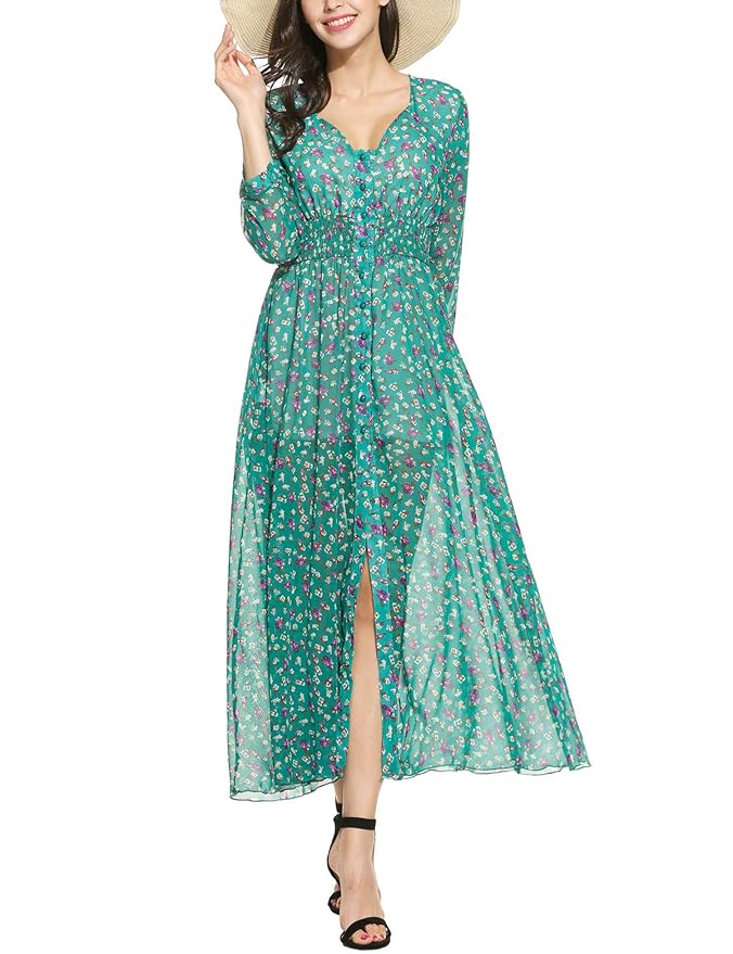 Plunge Maxikleider Damen Sommerkleid Lang Chiffon Kleid Strandkleid Partykleid V Ausschnitt Cocktailkleid A Linie Blumenkleid