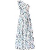 BTFBM Women Summer One Shoulder Floral Wedding Guest Dresses Sleeveless Smocked Ruffle Flowy Beach Vacation Maxi Dress