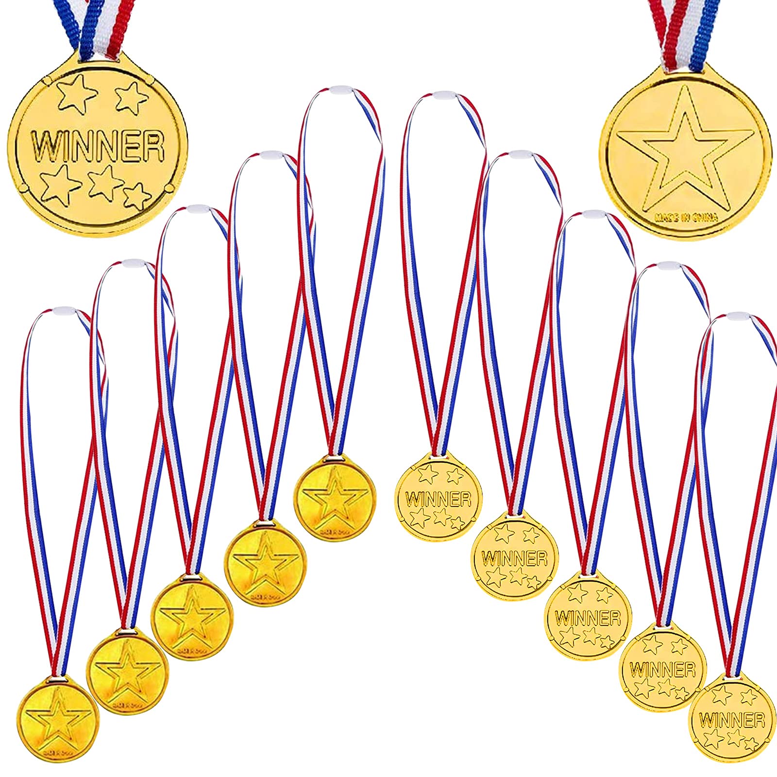 Udewo 12 Pack Gold Winners Medals, Party Medals Winner Award Medals Prizes Medals Star Party Favours Medals Plastic Gold Medals Olympic Style Medals with Ribbon Necklaces for School Sport