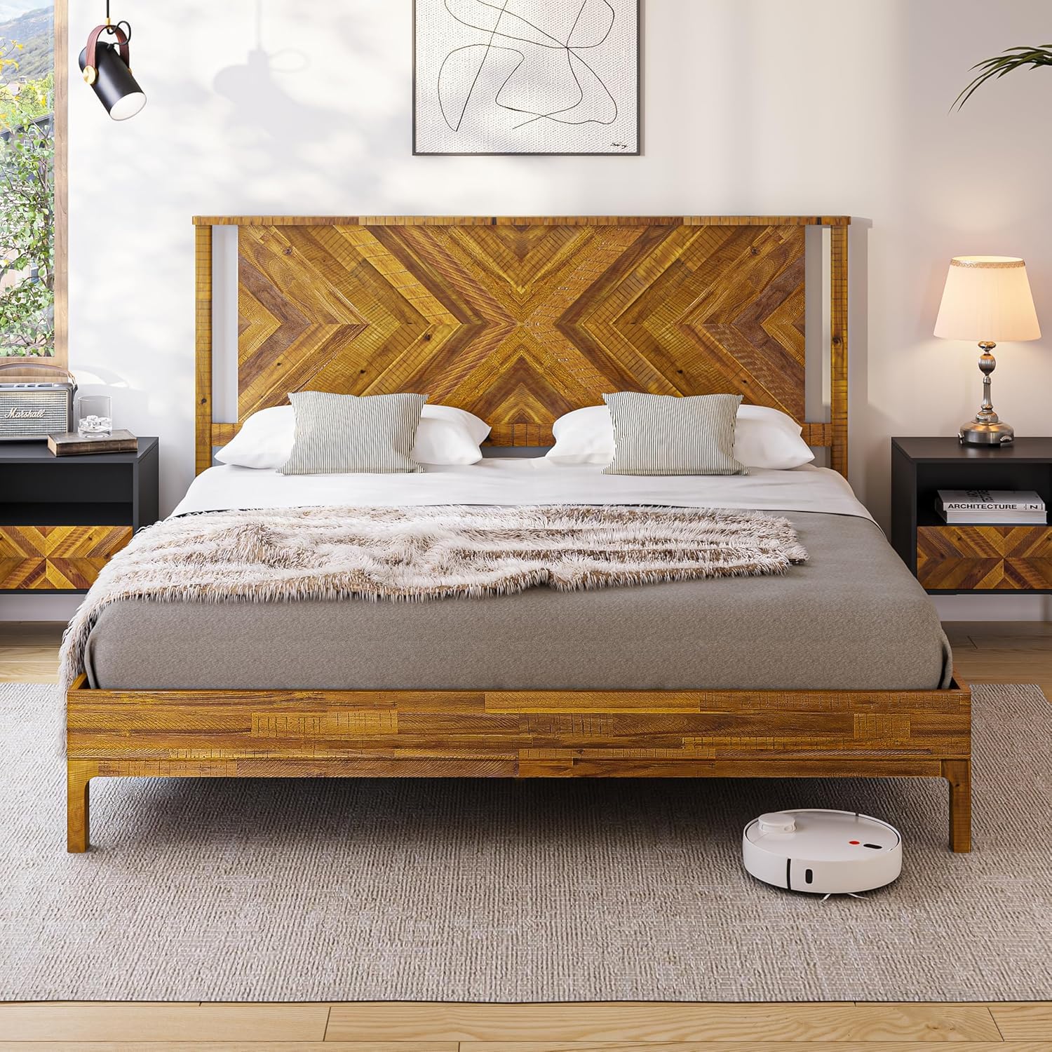 Photo 1 of Bme Vivian 14 Inch Deluxe Bed Frame with Headboard, Rustic & Scandinavian Style with Solid Acacia Wood, No Box Spring Needed, 12 Strong Wood Slat Support, Easy Assembly, King, Rustic Golden Brown