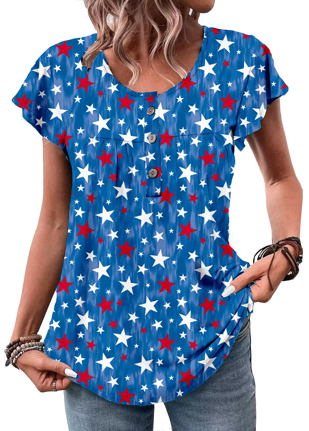Photo 1 of 4th of July Women‘s Ruffle Sleeve American Flag Star Stripes Patriotic Shirts MDWA L