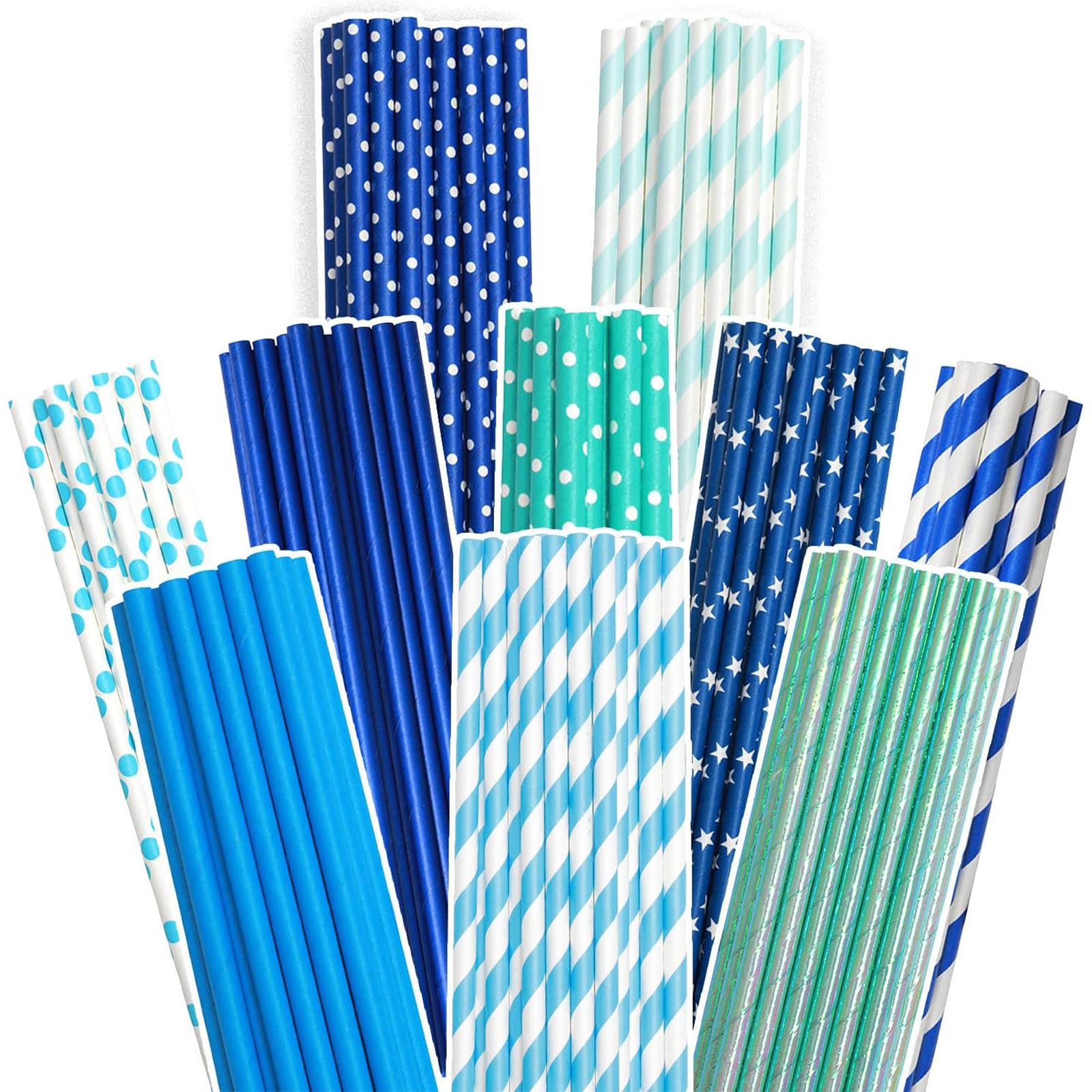 Gcardist Blue Paper Straws for Drinking Blue Disposable Straws 100pcs Bulk（10 Pattern）