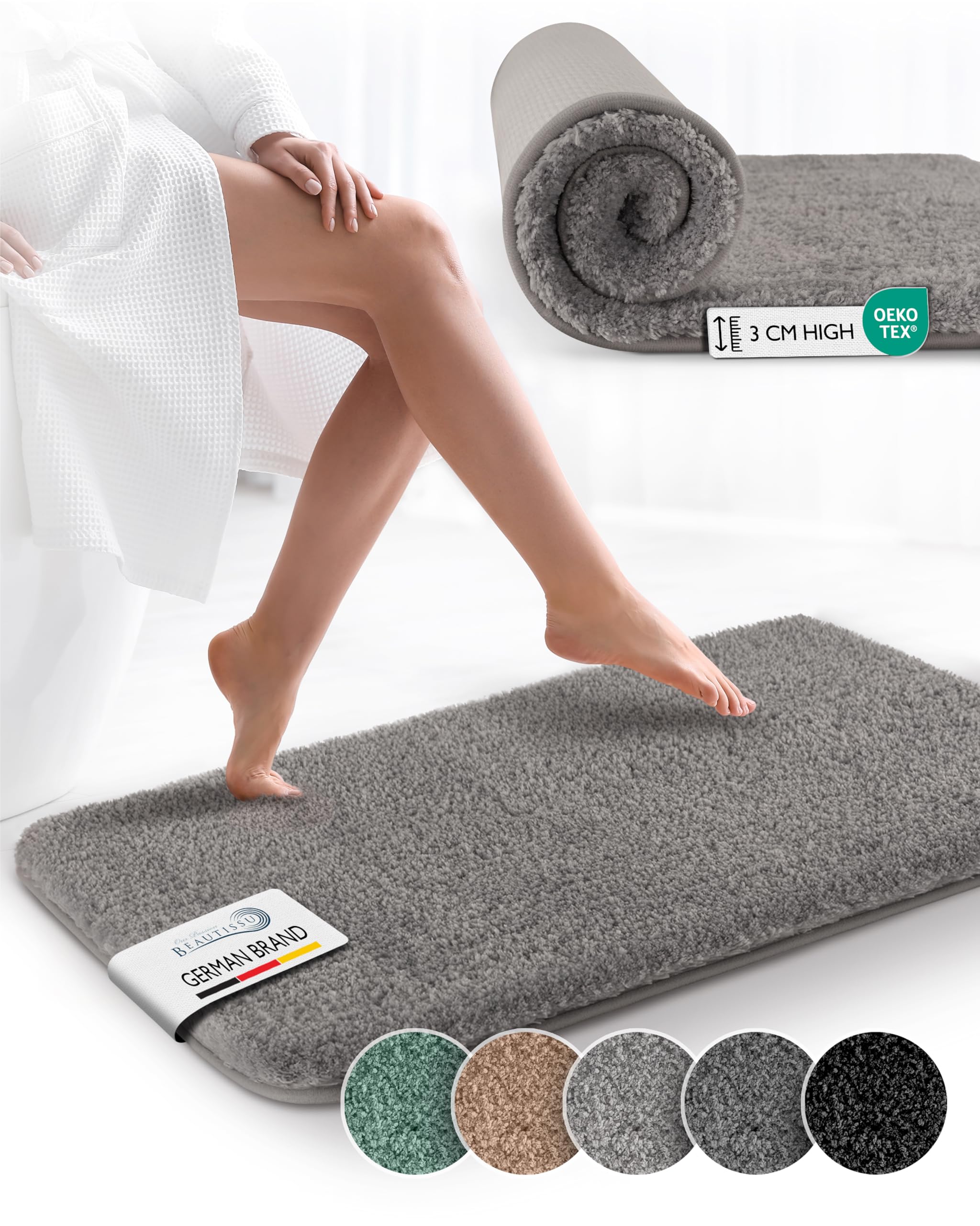 Beautissu Bath Mat 60x50 cm BeauMare FL Non Slip Shower Mat - Shaggy High Pile Rug Soft Microfibre Floor Mat for Shower, Bathtub and Toilette Suitable for Floor Heating – Light Grey