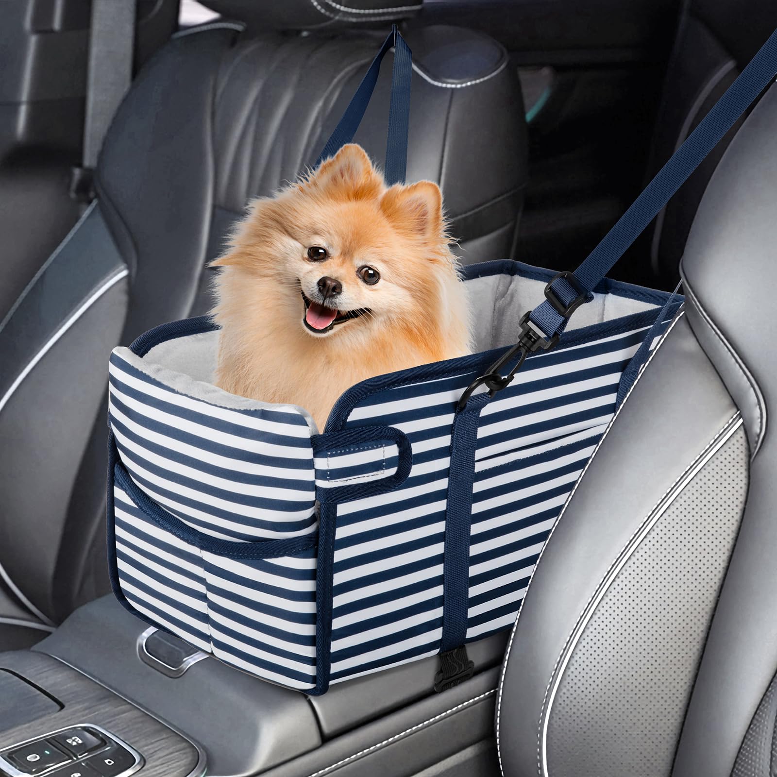 Photo 1 of Portable Dog Car Seat for Small Dogs - Adjustable Safety Leash, Washable Cushion & Storage Pocket - Pet Booster Seat for Car Travel- Blue Stripes
