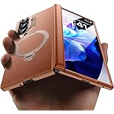 RUIMMU for Samsung Galaxy Z Fold 7 Case - Luxury Leather Texture Zflold 7 Case with Screen Protector, Kickstand and 360° Ring Holder Brown
