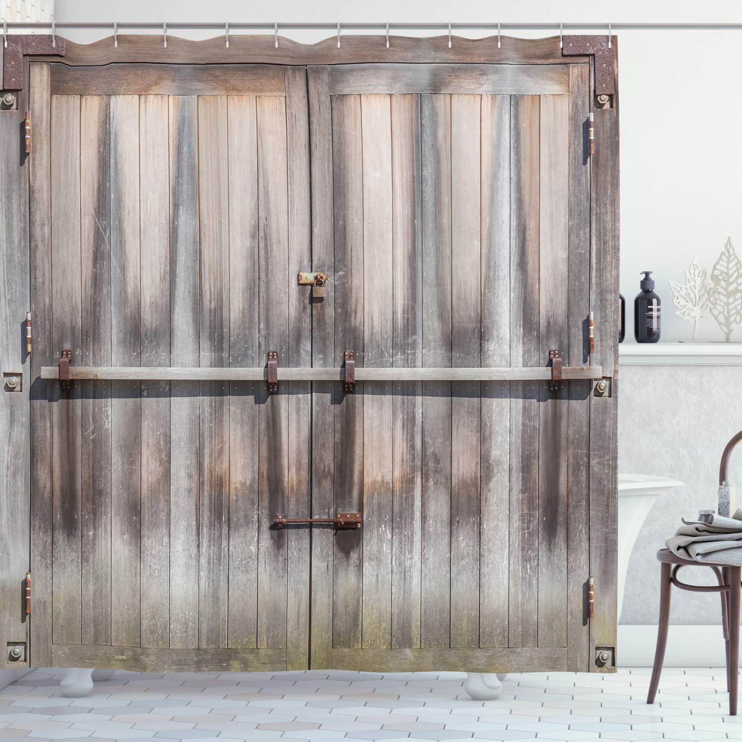 ABAKUHAUS Rustic Shower Curtain, Retro Entrance with Padlock to Abandoned House Wooden Gate Rough Oak Agriculture Image, Cloth Fabric Bathroom Decor Set with Hooks, 78 Inches, Brown — image 1