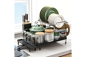 Runnatal Large Dish Drying Rack with Drainboard Set, Extendable Dish Rack, Utensil Holder, Cup Holder, Large-Capacity 2-Tier 