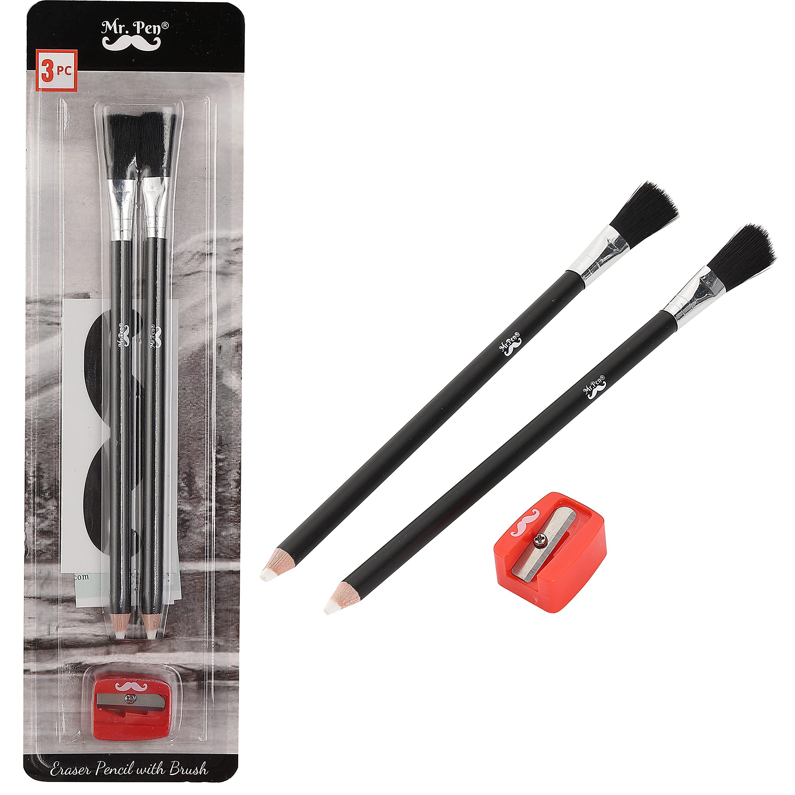 Mr. Pen Eraser Pencil with Brush, 3 Pcs, 2 Eraser Pencils, 1 Sharpener, Artist & Drawing Set