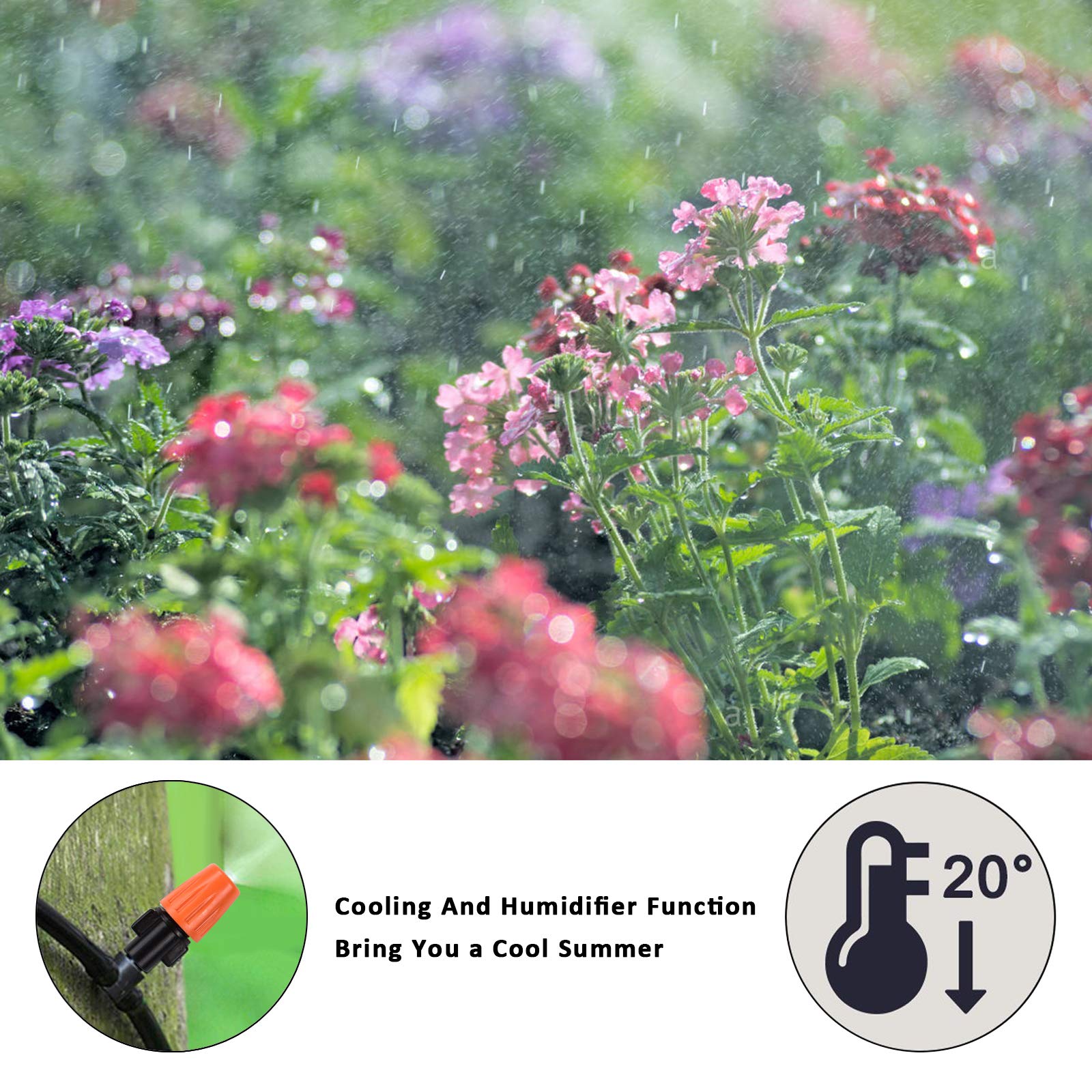 KORAM Drip Irrigation Kits, 1/4-inch Blank Distribution Tubing Garden Irrigation System DIY Saving Water Irrigation Equipment Set with 20 Mist Nozzles Suit for Garden Greenhouse, Flower Bed, Patio