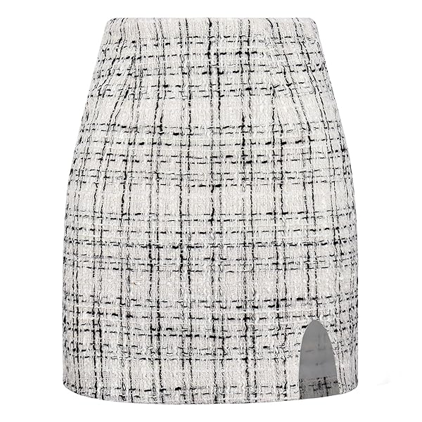 IBEAUTI WOMEN’S HIGH WAIST PLAID SKIRT SIDE SPLIT BODYCON PENCIL MINI SKIRT (US, ALPHA, SMALL, REGULAR, REGULAR, PLAID WHITE)