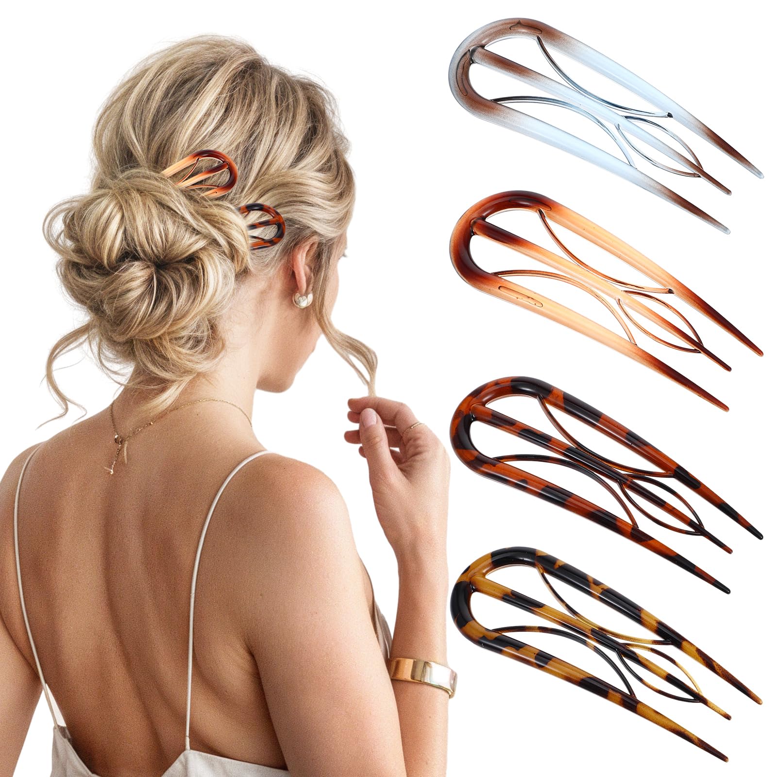 4Pcs French Hair Pin, U Shaped Hair Pins for Girls Women Large Anti-Static Hairs Styling Pins for Thin Thick Hairs Bun Holder Accessory Gift for Women Mom Wife Daughter Mothers Day (Three Prong)