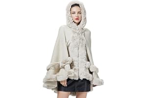 SUFCOMOU Women Hooded Poncho Cape Faux Fur Shawl Wrap with Fur Trim Sleeveless Cardigan Dressy Cloak Fashion Tops Coat