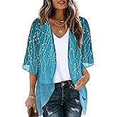 OFEEFAN Beach Cover Ups for Women 3/4 Length Sleeve Womens Tops Summer Cardigan Casual Blouses Loose Fit