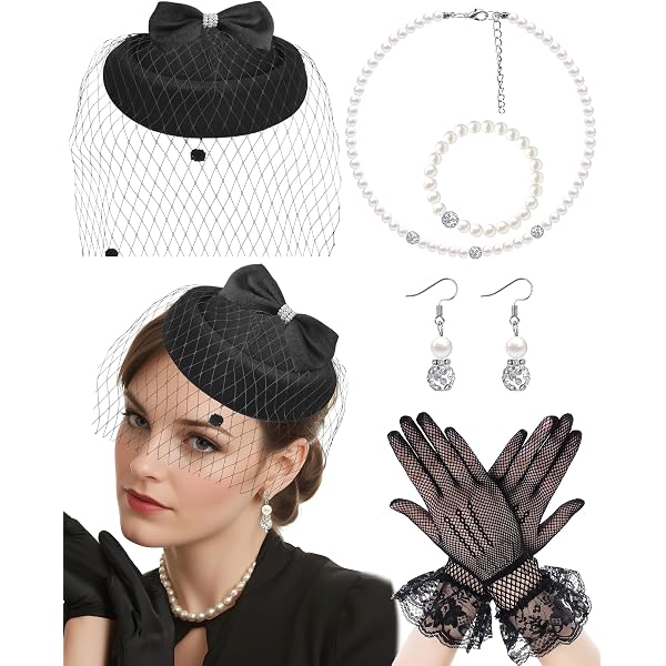 BABEYOND Tea Party Hat and Gloves Set for Women Pillbox Veil  display picture 2