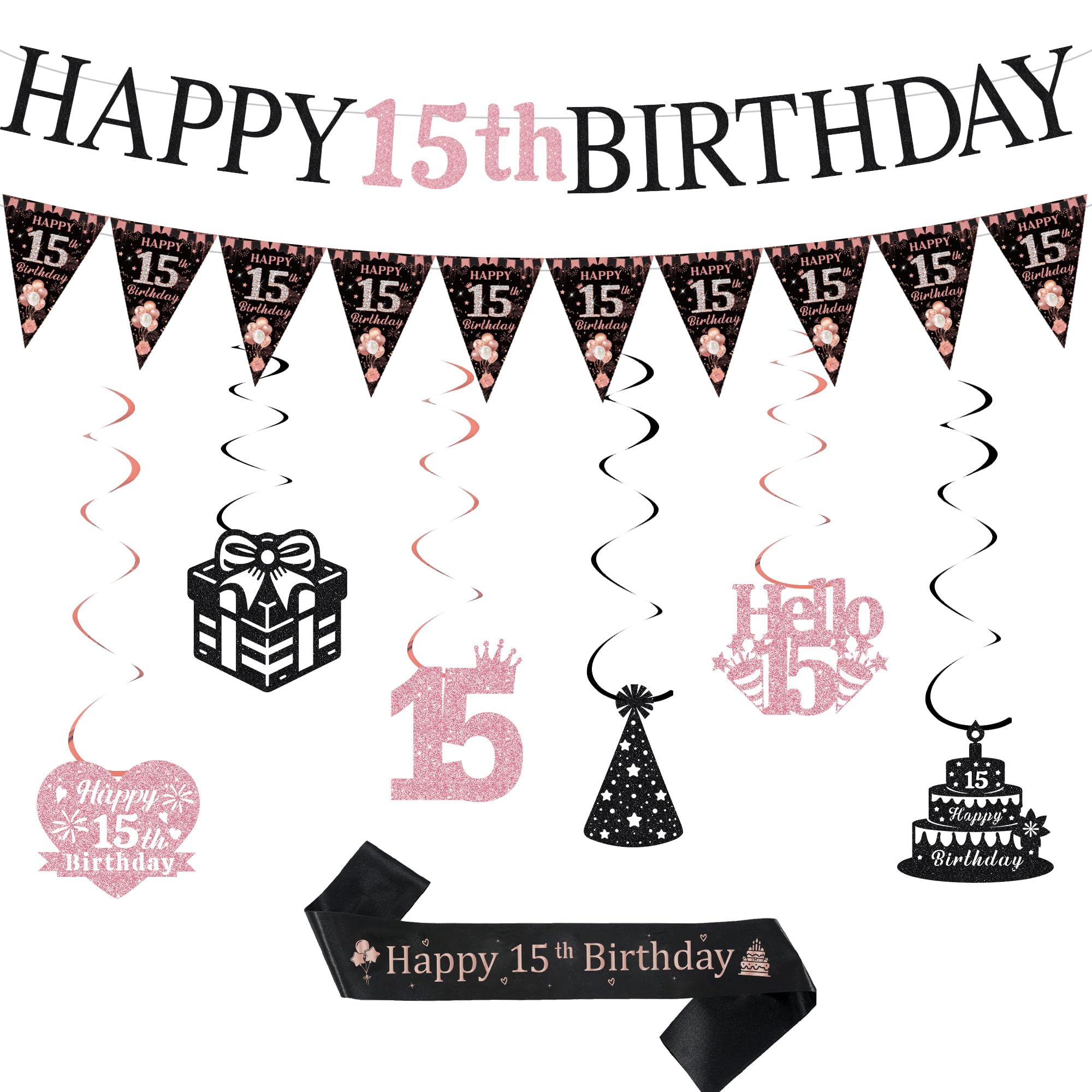 Sroeeshee 15th Birthday Party Decorations - Black Rose Gold Happy 15th Birthday Banners Pennats Hanging Bunting Sash Kit, Ideal 15 Years Old Bday Girls Supplies with Ribbon — image 1