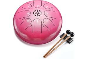 PUJONI Steel Tongue Drum Hand Drums: 6 Inch 8 Notes Small Metal Drum with Music Book, Mallets, Bag, Gifts for Family Friends (Pink)