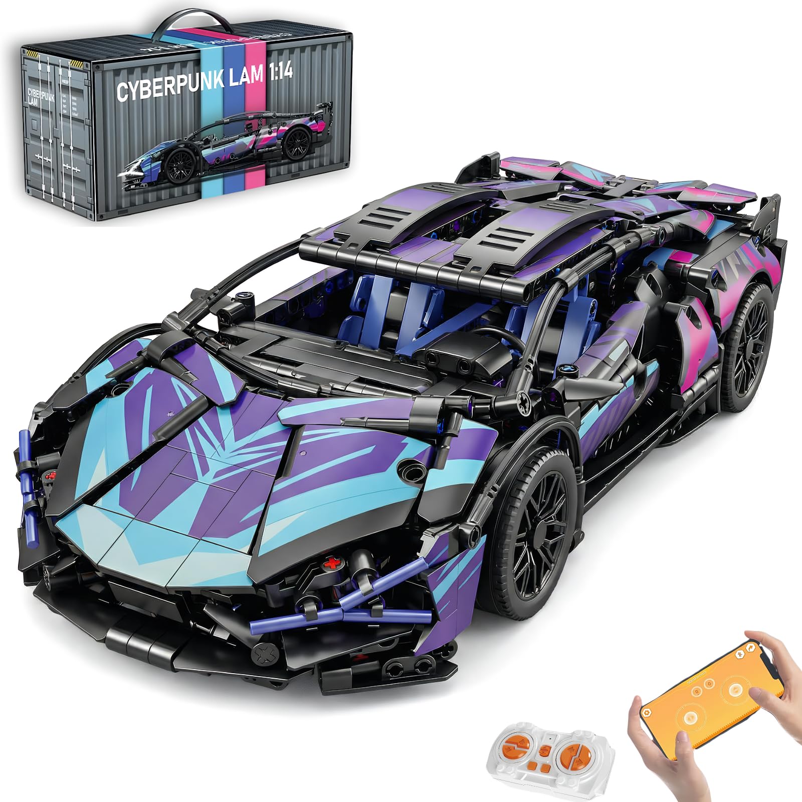 AoreSpty 1280pcs RC Toy Cars Kit, 1:14 Scale STEM Building Blocks with 2.4GHz Remote, LED Lights & Scissor Doors, Creative Remote Control Car for Teenage Boys & Adults — image 1