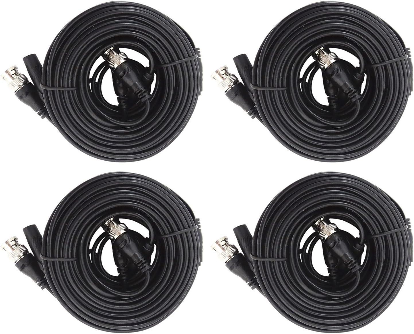 TIGERSECU 4 Pack 60-Feet (18 Meters) BNC Video and Power Extension Cables for CCTV Video Security Camera Systems (4-Pack, Black)