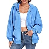 ALSOGO Womens Double Zip Up Oversized Hoodie Fleece Acid Wash Long Sleeve Sweatshirts Distressed Vintage Cotton Jackets