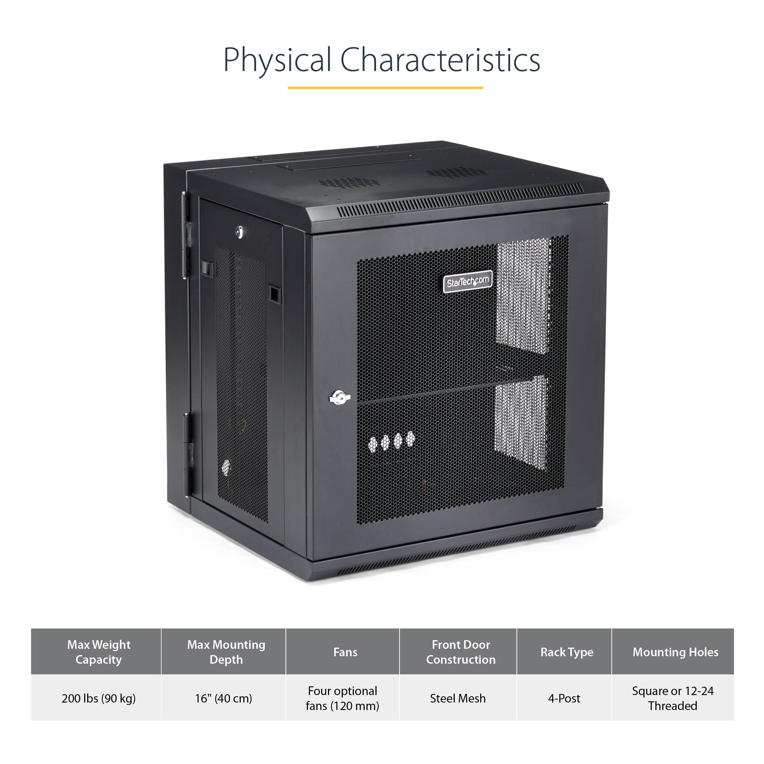 StarTech.com 4-Post 12U Wall Mount Network Cabinet with 1U Shelf, 19in Wall-Mounted Server Rack, Up to 16in Mounting Depth