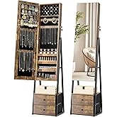 Nicetree Jewelry Cabinet Armoire with 2 Drawers, Lockable Standing Jewelry Mirror Cabinet, Full Length Mirror with Jewelry Storage, Rustic Brown