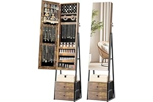 Nicetree Jewelry Cabinet Armoire with 2 Drawers, Lockable Standing Jewelry Mirror Cabinet, Full Length Mirror with Jewelry Storage, Rustic Brown