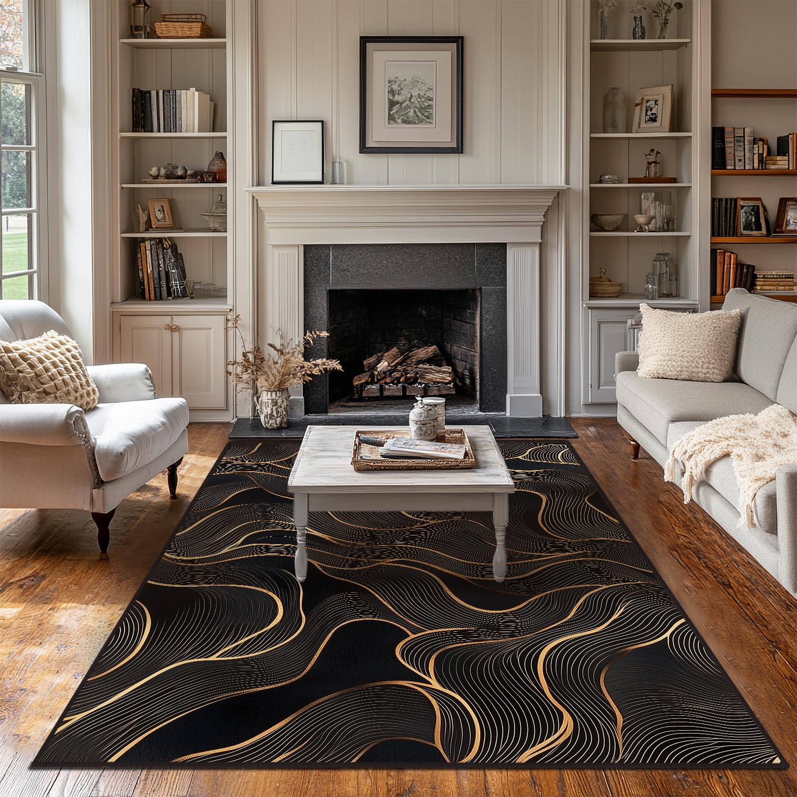 Photo 1 of 5x7 Area Rug Black Gold Modern Rug for Living Room Indoor Machine Washable Abstract Rugs for Bedroom Ultra Soft Dining Room Large Carpet Non-Slip Non-Shedding Throw Rug for Home Office Kids Playroom