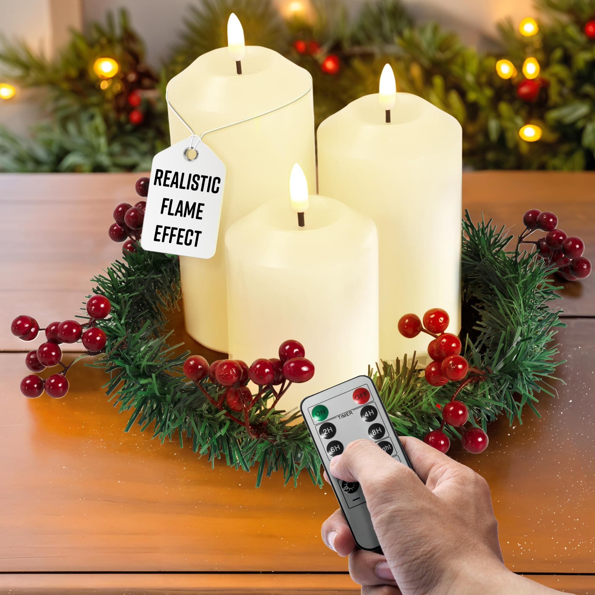 GloBrite 3-Pack Flickering Flameless LED Candles with Christmas Decorations Berry Wreath - Battery Operated Table Decoration - Ivory Pillar Candles, 24Hr Remote & Timer