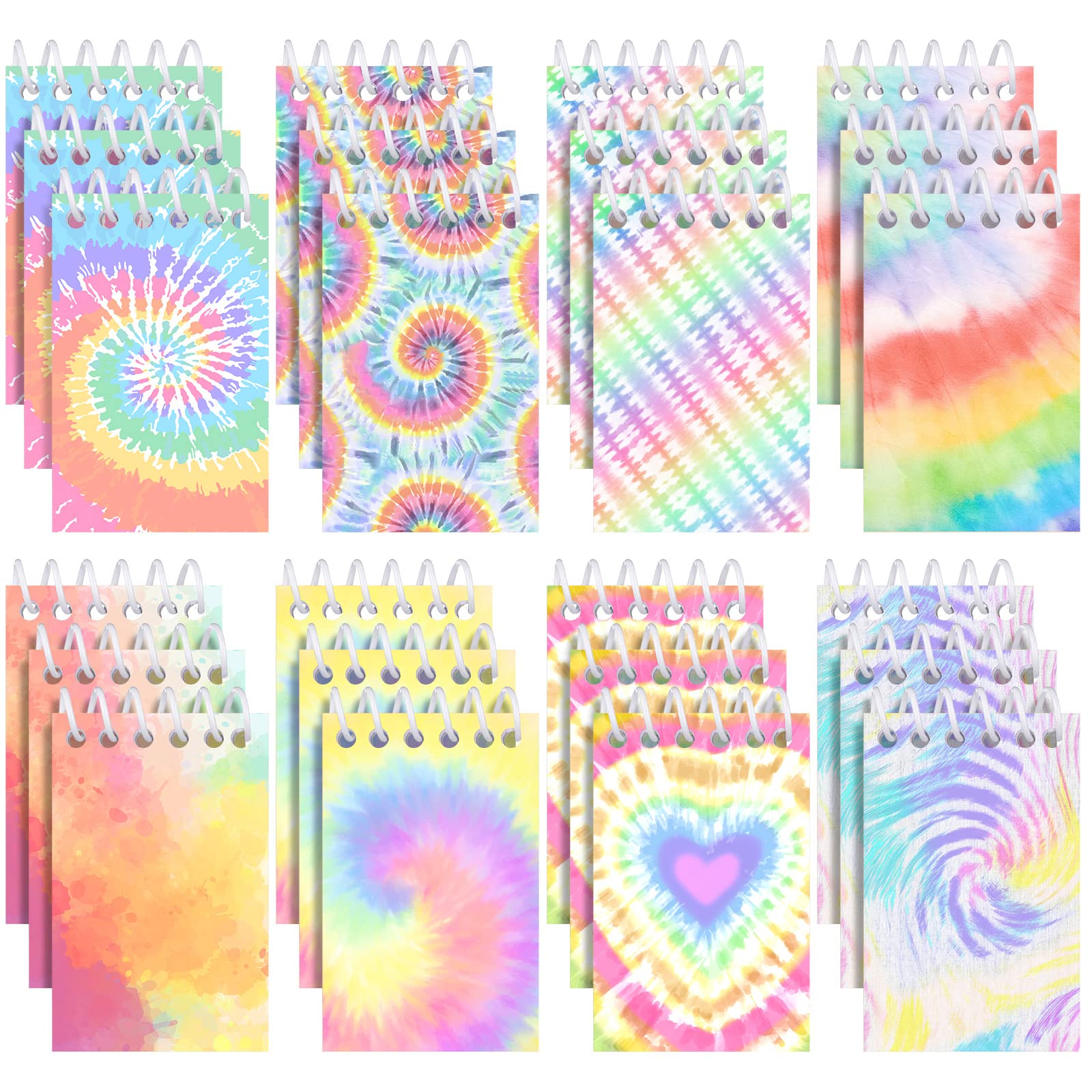 24 Pcs Mini Tie Dye Notepads Multicolor Style Pocket Notebooks for Kids Spiral Mini Notebook Fun Coil Little Notepad Tie Dye Birthday Party Supplies Small Note Pads Tie Dye Party Favors(Light Style)