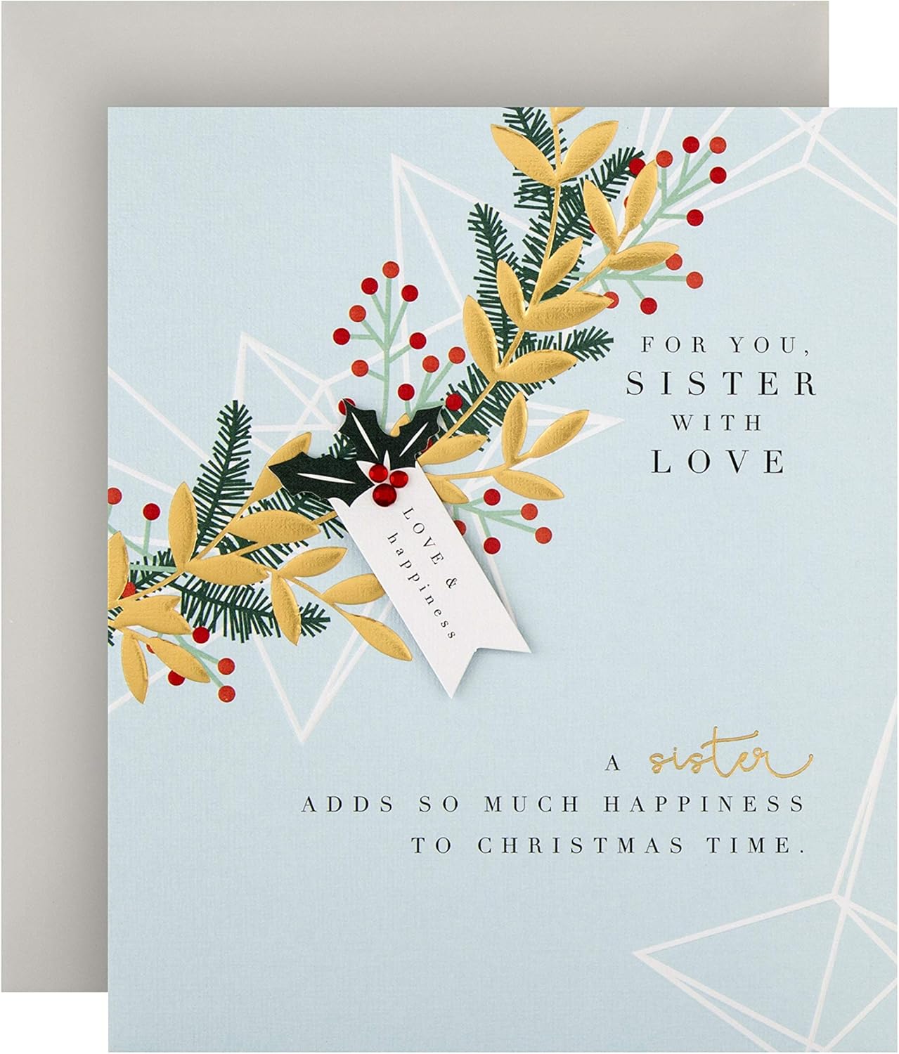 Hallmark Christmas Card for Sister - Contemporary Foliage Design, Metallic Gold, Red, 16.2 cm x 13.5 cm
